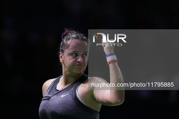 MALAGA, SPAIN - NOVEMBER 19:  Viktoria Hruncakova of Slovakia in her singles match against Lucia Bronzetti of Team Italy in the final tie be...