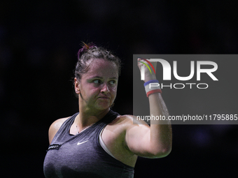 MALAGA, SPAIN - NOVEMBER 19:  Viktoria Hruncakova of Slovakia in her singles match against Lucia Bronzetti of Team Italy in the final tie be...