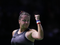 MALAGA, SPAIN - NOVEMBER 19:  Viktoria Hruncakova of Slovakia in her singles match against Lucia Bronzetti of Team Italy in the final tie be...