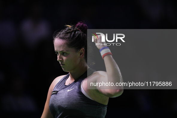 MALAGA, SPAIN - NOVEMBER 19:  Viktoria Hruncakova of Slovakia in her singles match against Lucia Bronzetti of Team Italy in the final tie be...