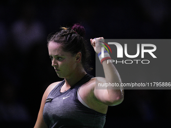 MALAGA, SPAIN - NOVEMBER 19:  Viktoria Hruncakova of Slovakia in her singles match against Lucia Bronzetti of Team Italy in the final tie be...