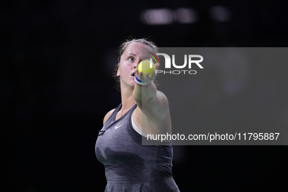 MALAGA, SPAIN - NOVEMBER 19:  Viktoria Hruncakova of Slovakia in her singles match against Lucia Bronzetti of Team Italy in the final tie be...