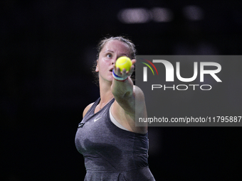 MALAGA, SPAIN - NOVEMBER 19:  Viktoria Hruncakova of Slovakia in her singles match against Lucia Bronzetti of Team Italy in the final tie be...