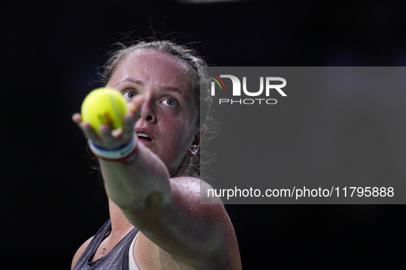 MALAGA, SPAIN - NOVEMBER 19:  Viktoria Hruncakova of Slovakia in her singles match against Lucia Bronzetti of Team Italy in the final tie be...