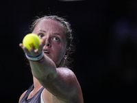 MALAGA, SPAIN - NOVEMBER 19:  Viktoria Hruncakova of Slovakia in her singles match against Lucia Bronzetti of Team Italy in the final tie be...