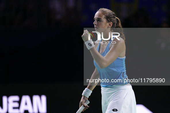  MALAGA, SPAIN - NOVEMBER 20: Lucia Bronzetti of Team Italy in her singles match against Viktoria Hruncakova of Team Slovakia in the final t...