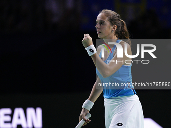  MALAGA, SPAIN - NOVEMBER 20: Lucia Bronzetti of Team Italy in her singles match against Viktoria Hruncakova of Team Slovakia in the final t...