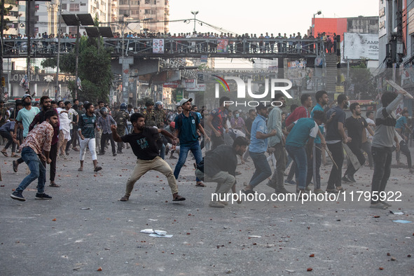 A clash erupts between students of Dhaka College and City College at Dhaka's Science Lab intersection in Dhaka, Bangladesh, on November 20,...