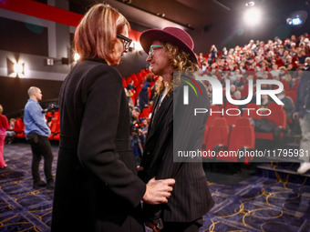 Cinematographer Bianca Cline and Rachel Mason, a friend of Halyna Hutchins, share a moment while attending the world premiere of  ' Rust ' f...