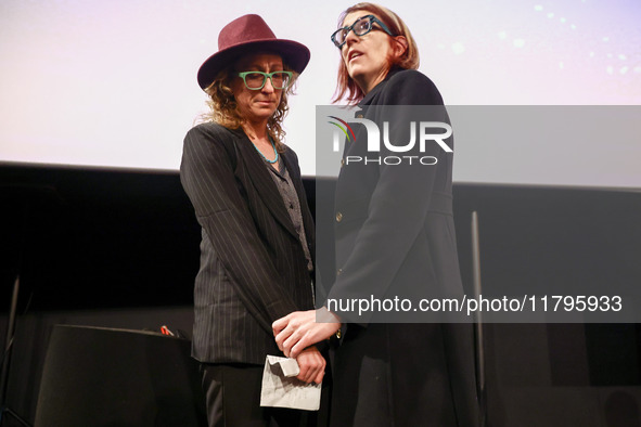 Cinematographer Bianca Cline and Rachel Mason, a friend of Halyna Hutchins, share a moment while attending the world premiere of  ' Rust ' f...