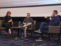 Cinematographer Bianca Cline and director Joel Souza attend a discussion after the world premiere of  ' Rust ' film during the 32nd Internat...