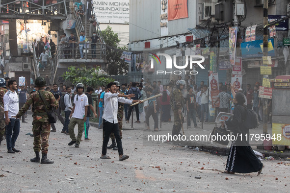 A clash erupts between students of Dhaka College and City College at Dhaka's Science Lab intersection in Dhaka, Bangladesh, on November 20,...