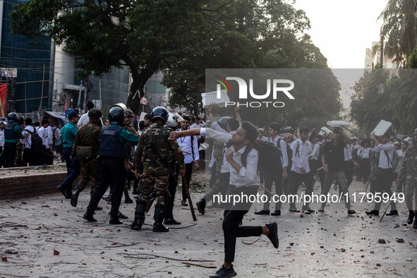 A clash erupts between students of Dhaka College and City College at Dhaka's Science Lab intersection in Dhaka, Bangladesh, on November 20,...