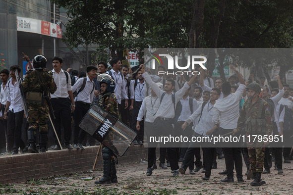 A clash erupts between students of Dhaka College and City College at Dhaka's Science Lab intersection in Dhaka, Bangladesh, on November 20,...