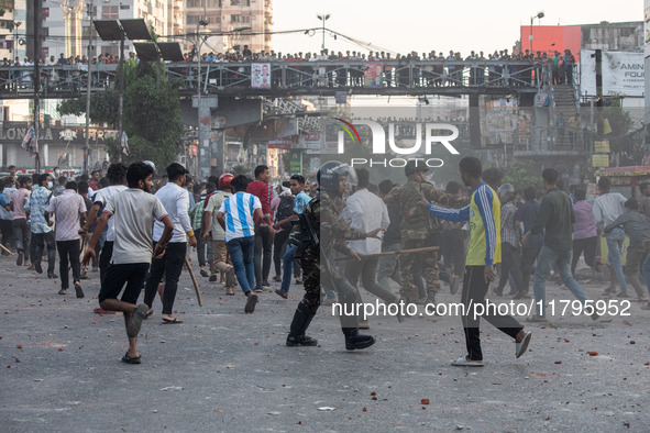 A clash erupts between students of Dhaka College and City College at Dhaka's Science Lab intersection in Dhaka, Bangladesh, on November 20,...