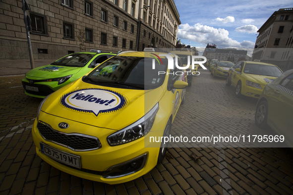 Taxi drivers protest in Sofia, Bulgaria, on November 20, 2024, against the rising costs of mandatory ''Civil Liability'' insurance. They sta...