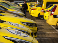 Taxi drivers protest in Sofia, Bulgaria, on November 20, 2024, against the rising costs of mandatory ''Civil Liability'' insurance. They sta...