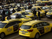 Taxi drivers protest in Sofia, Bulgaria, on November 20, 2024, against the rising costs of mandatory ''Civil Liability'' insurance. They sta...