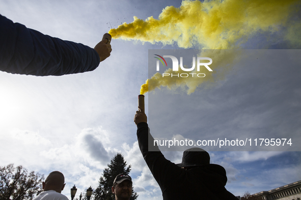 Taxi drivers protest in Sofia, Bulgaria, on November 20, 2024, against the rising costs of mandatory ''Civil Liability'' insurance. They sta...