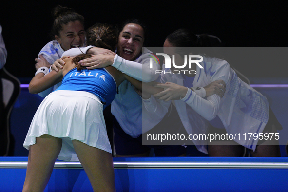 MALAGA, SPAIN - NOVEMBER 20: Lucia Bronzetti of Team Italy celebrates the victory of her singles match against Viktoria Hruncakova of Team S...