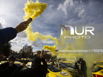 Taxi drivers protest in Sofia, Bulgaria, on November 20, 2024, against the rising costs of mandatory ''Civil Liability'' insurance. They sta...