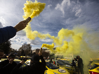 Taxi drivers protest in Sofia, Bulgaria, on November 20, 2024, against the rising costs of mandatory ''Civil Liability'' insurance. They sta...