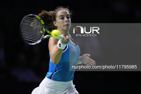 MALAGA, SPAIN - NOVEMBER 20: Lucia Bronzetti of Team Italy in her singles match against Viktoria Hruncakova of Team Slovakia in the final ti...