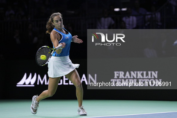 MALAGA, SPAIN - NOVEMBER 20: Lucia Bronzetti of Team Italy in her singles match against Viktoria Hruncakova of Team Slovakia in the final ti...