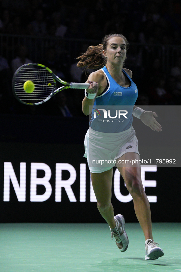 MALAGA, SPAIN - NOVEMBER 20: Lucia Bronzetti of Team Italy in her singles match against Viktoria Hruncakova of Team Slovakia in the final ti...