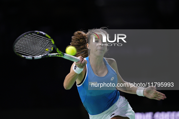 MALAGA, SPAIN - NOVEMBER 20: Lucia Bronzetti of Team Italy in her singles match against Viktoria Hruncakova of Team Slovakia in the final ti...