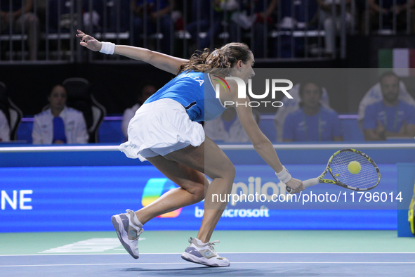 MALAGA, SPAIN - NOVEMBER 20: Lucia Bronzetti of Team Italy in her singles match against Viktoria Hruncakova of Team Slovakia in the final ti...