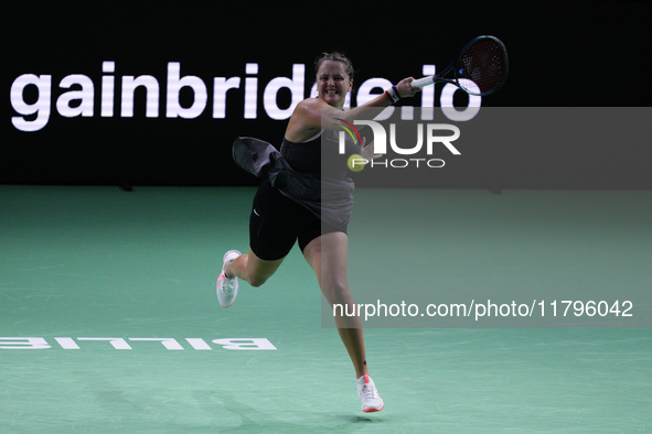 MALAGA, SPAIN - NOVEMBER 19:  Viktoria Hruncakova of Slovakia in her singles match against Lucia Bronzetti of Team Italy in the final tie be...