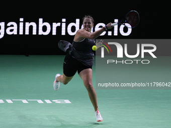 MALAGA, SPAIN - NOVEMBER 19:  Viktoria Hruncakova of Slovakia in her singles match against Lucia Bronzetti of Team Italy in the final tie be...