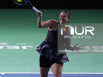 MALAGA, SPAIN - NOVEMBER 19:  Viktoria Hruncakova of Slovakia in her singles match against Lucia Bronzetti of Team Italy in the final tie be...