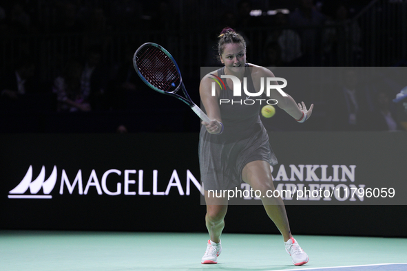 MALAGA, SPAIN - NOVEMBER 19:  Viktoria Hruncakova of Slovakia in her singles match against Lucia Bronzetti of Team Italy in the final tie be...