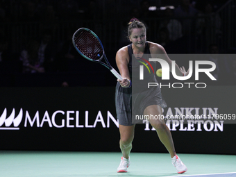 MALAGA, SPAIN - NOVEMBER 19:  Viktoria Hruncakova of Slovakia in her singles match against Lucia Bronzetti of Team Italy in the final tie be...