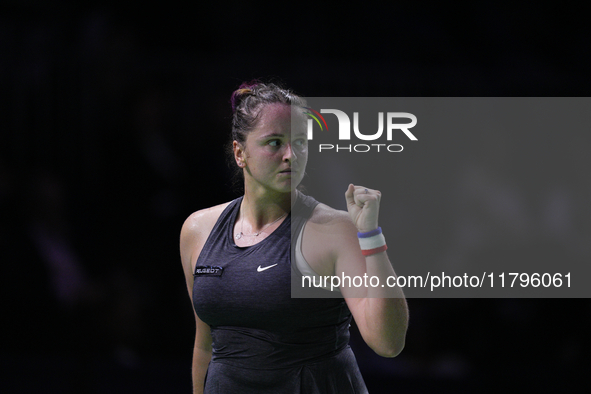 MALAGA, SPAIN - NOVEMBER 19:  Viktoria Hruncakova of Slovakia in her singles match against Lucia Bronzetti of Team Italy in the final tie be...