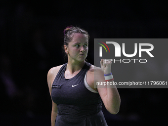 MALAGA, SPAIN - NOVEMBER 19:  Viktoria Hruncakova of Slovakia in her singles match against Lucia Bronzetti of Team Italy in the final tie be...