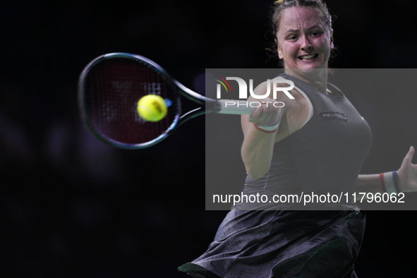 MALAGA, SPAIN - NOVEMBER 19:  Viktoria Hruncakova of Slovakia in her singles match against Lucia Bronzetti of Team Italy in the final tie be...