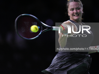 MALAGA, SPAIN - NOVEMBER 19:  Viktoria Hruncakova of Slovakia in her singles match against Lucia Bronzetti of Team Italy in the final tie be...