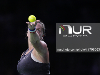 MALAGA, SPAIN - NOVEMBER 19:  Viktoria Hruncakova of Slovakia in her singles match against Lucia Bronzetti of Team Italy in the final tie be...