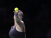 MALAGA, SPAIN - NOVEMBER 19:  Viktoria Hruncakova of Slovakia in her singles match against Lucia Bronzetti of Team Italy in the final tie be...