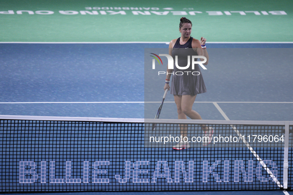 MALAGA, SPAIN - NOVEMBER 19:  Viktoria Hruncakova of Slovakia in her singles match against Lucia Bronzetti of Team Italy in the final tie be...