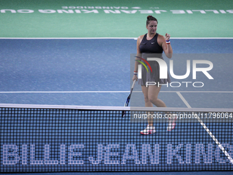 MALAGA, SPAIN - NOVEMBER 19:  Viktoria Hruncakova of Slovakia in her singles match against Lucia Bronzetti of Team Italy in the final tie be...