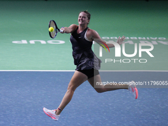 MALAGA, SPAIN - NOVEMBER 19:  Viktoria Hruncakova of Slovakia in her singles match against Lucia Bronzetti of Team Italy in the final tie be...