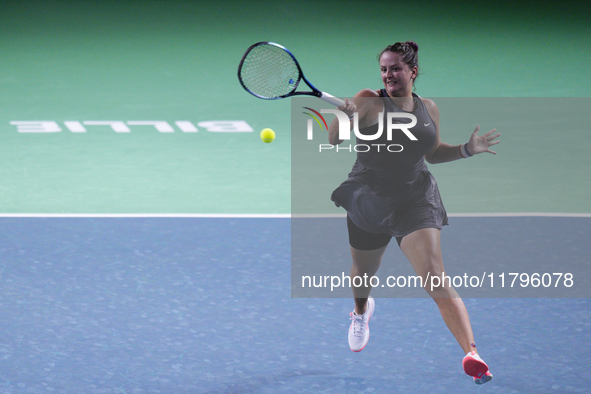 MALAGA, SPAIN - NOVEMBER 19:  Viktoria Hruncakova of Slovakia in her singles match against Lucia Bronzetti of Team Italy in the final tie be...