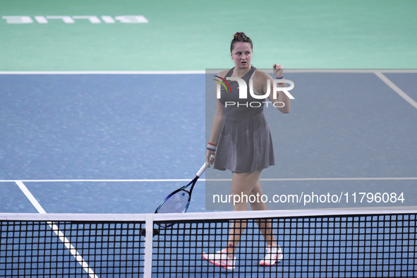 MALAGA, SPAIN - NOVEMBER 19:  Viktoria Hruncakova of Slovakia in her singles match against Lucia Bronzetti of Team Italy in the final tie be...