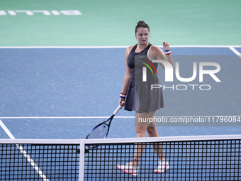 MALAGA, SPAIN - NOVEMBER 19:  Viktoria Hruncakova of Slovakia in her singles match against Lucia Bronzetti of Team Italy in the final tie be...