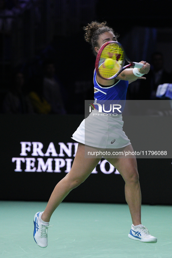 MALAGA, SPAIN - NOVEMBER 20: Jasmine Paolini of Team Italy in her singles match against Rebecca Sramkova of Team Slovakia during the final t...