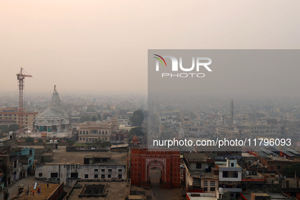 Fog engulfs the city skyline in Jaipur, Rajasthan, India, on November 20, 2024. 